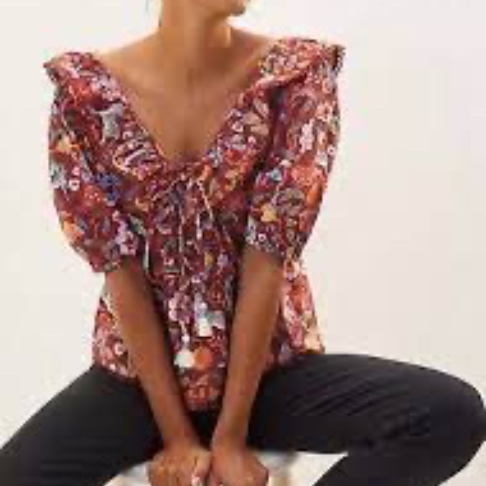 Maeve - Red Smocked Puff Sleeve Blouse